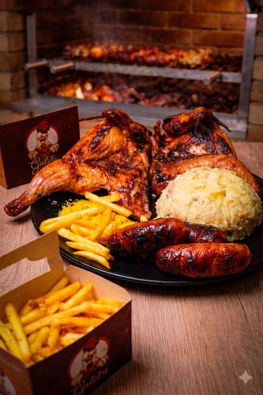 Galeto assado na brasa, à moda nordestina, com a churrasqueira acesa ao fundo